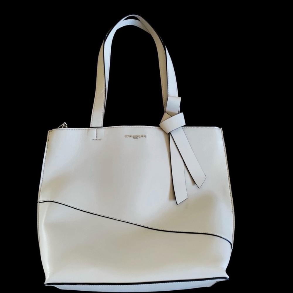 Karl Lagerfeld Paris Tote off white bow double handle faux leather bucket bag​ - Picture 3 of 10